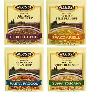 Alessi Athentic イタリアン スープ ミックス 4 フレーバー バラエティ バンドル: (1) トスカーナの白インゲン豆のスープ、(1) シチリアのレンズ豆のスープ、(1) シチリアのスプリットエンドウのスープ、(1) ナポリの豆のスープ、各 4 ～ 6 オンス