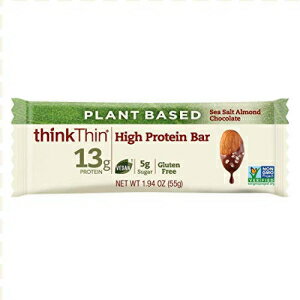 thinkThin 植物ベースの高プロテインバー - 海塩アーモンドチョコレート、ビーガン対応、タンパク質13g、低糖、低純炭水化物、人工甘味..