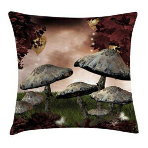 Ambesonne Fantasyスロー枕クッションカバー、キノコと妖精の魅惑のおとぎ話の森の風景暗い画像、装飾的な正方形のアクセント枕ケース、24 