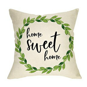 Ussap Home Sweet Home Decorative Throw Pillow Cover, Green Olive Watercolor Wreath Rustic Home Farmhouse Decoration Fall Autumn Seasonal Quote Sign Cushion Case for Sofa Couch Decor Cotton Linen 18x18