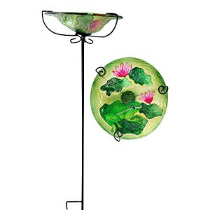 Comfy Hour 28 インチ カエル ロータス ガラストップ バードバス バードフィーダー メタル アート ガーデン ステーク Comfy Hour 28" Frog Lotus Glass Top Birdbath Birdfeeder Metal Art Garden Stake