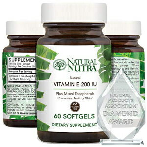 Natural Nutra d-Alpha Tocopherol Vitamin E 200 IU Supplement for Healthy Skin, Hair and Nails, Promotes Heart Health, Face Elasticity and Scar Repair, Non GMO, 60 Softgels