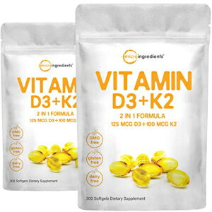 MICROINGREDIENTS 2 Pack Vitamin D3 5000IU Plus K2, 2 in 1 Formula, Vitamin D3 Liquid with Vitamin K2, 300 Soft-Gels, Immune Vitamin Complex with Virgin Sunflower Seed Oil, Support Your Heart, Teeth & Joint Health