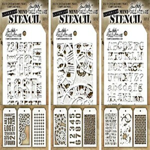 Tim Holtz - 9 つのミニ レイヤリング ステンシル - インダストリアル、ギア、プラス、時計じかけ、番号付き、クラックル、タイポ、スプラッター、レンガ - 別名セット 1、2 & 3 Tim Holtz - Nine Mini Layering Stencils - Industrial, Gears, P