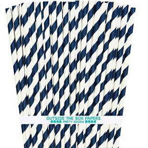 ネイビーブルーストライプペーパーストロー-100パック Outside the Box Papers Navy Blue Stripe Paper Straws - 100 Pack