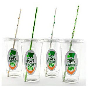 聖パトリックデー パーティー プラスチック カップ 蓋 ストロー アイリッシュ シャムロック ビアード (12個) St Patricks Day Party Plastic Cups Lids Straws Irish Shamrock Beard (12 Count)