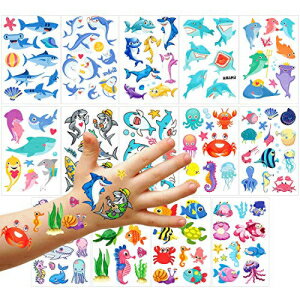 Phogary Kids一時的な入れ墨（100pcs ） 海の世界のテーマの入れ墨（14枚）-魚 サメ カメ タツノオトシゴ 海の星 タコ カニ-海洋生物のパターン男の子の女の子のための偽の防水入れ墨 Phogary Kids Temporary Tattoos(100pcs ), Sea World Theme Tattoo