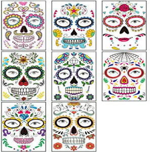 ハロウィーンの顔の入れ墨ステッカー8枚死者の日シュガースカルフローラルブラックスケルトンウェブ赤いバラ女性のためのフルフェイスマスクタトゥー男性大人のメキシコのハロウィーンパーティーの好意の供給 Jacknb Halloween Face Tattoos Sticker 8 Sheets Day o