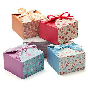 Hayley Cherie - Square Floral Gift Treat Boxes with Ribbons (20 Pack) - 5.8 x 5.8 x 3.7 inches - Thick 400gsm Card - For Cookies, Candy, Parties, Christmas, Birthdays, Weddings