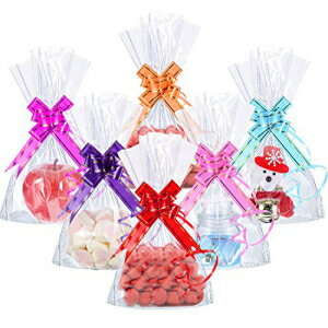 HESTYA 50 Counts Clear Flat Cello Treat Bags Cellophane Block Bottom Storage Bags Sweet Party Gift Home Bags with 60 Pieces Colorful Bag Ties (15 x 25 cm/ 5.9 x 9.8 Inch)