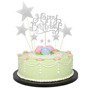 Seasonsky 誕生日ケーキデコレーション ハッピーバースデー 手作り ブラックケーキトッパー 1個と五芒星ケーキトッパー 7個 パーティーデコレーション用 (シルバー) 1 PCS Birthday Cake Decoration Happy Birthday Handmade Black Cake Topper and 7