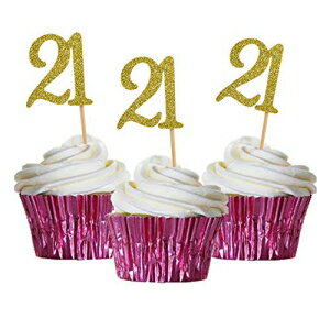 HOKPA 21歳の誕生日カップケーキトッパー ゴールドグリッター番号21 成人式 誕生日祝い 記念日パーティーデコレーション (24個) HOKPA 21st Birthday Cupcake Toppers, Gold Glitter Number 21, Adult Ceremony Birthday Celebrating Anniversary P
