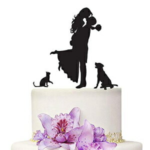 YAMI COCU Wedding Cake Toppers Bride and Groom With Dog And Cat Animal Black Silhouette Wedding Party Engagement Decoration Love