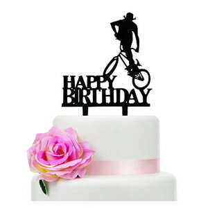 Black Cycling Happy Birthday Cake Topper, Acrylic Happy Birthday Party Cake Decoration, Bicycle/Sports Themed Cake Topper
