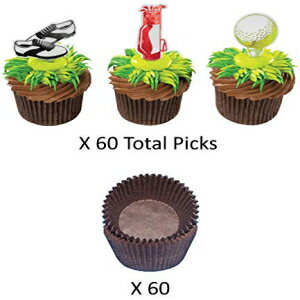 StJbvP[Lgbp[ƃCi[-v钃F̃x[LOJbvStV[YAobOA{[-60̃JbvP[Lɏ\ Taradactile GOLF Cupcake Toppers and Liners - Golf Shoes, Bag, and Ball with Matching Brown Baking Cups