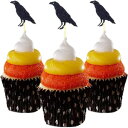 カラスハロウィンカップケーキトッパーパックあたり12個デコレーションケーキキラキラカードストックブラック picwrap crow Halloween Cupcake Topper 12 pieces per Pack Decoration Cake glitter Card Stock Black