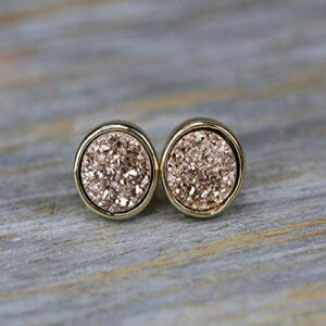 ローズ ドゥルージー スタッド イヤリング 本物のドゥルージー クォーツ ジェムストーン - ゴールド ベゼル - 8mm Rose Druzy Stud Earring Real Druzy Quartz Gemstone- Gold Bezel- 8mm