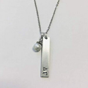 KXp[_Otf^K}DGo[y_gA\eBMVlbNXAuX^[N[t18C`XeXX`[NlbNX Ann Peden Jewelry Delta Gamma DG Bar Pendant with glass pearl dangle, Sorority Greek Necklac