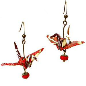 折り紙の折り鶴のイヤリング、チェコのガラスビーズ付きの赤いクリーム、誕生日1周年記念ギフト Dreamscape Studio Origami Good Luck Paper Crane Earrings, Red Cream w/Czech Glass Bead, Birthday 1st Anniversary Gift