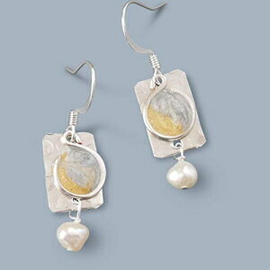 Bettinaɂ̌y2g[Vo[S[hWƃp[`hbvfB[XCOr[Y Handmade Lightweight 2 Tone Silver Gold Resin and Pearl Rectangle Drop Womens Earrings Beads by Bettina