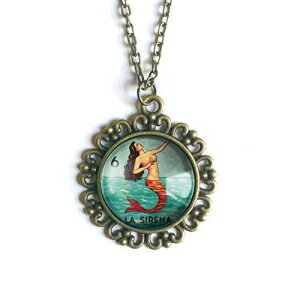 eA}[Ch-Vi[Wy_glbNX The Divine Iguana Loteria Mermaid- La Sirena Large Pendant Necklace