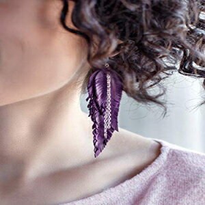 パープルフェザーレザーイヤリング バイオレットレイヤードイヤリング トライバルイヤリング 自由奔放に生きるイヤリング ダングルイヤリング ロングイヤリング Katrinshine Purple Feather Leather Earrings, violet layered earrings, tribal Earrings,