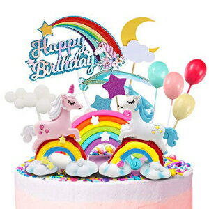 MOVINPE Unicorn Cake Topper, 2 Magic Unicorns Sculpture, 1 Rainbow, 1 Happy Birthday Banner, 2 Cloud, 4 Balloon, 12 Stars, 1 Moon, Cake Decoration For Girl Kid Women Birthday Party