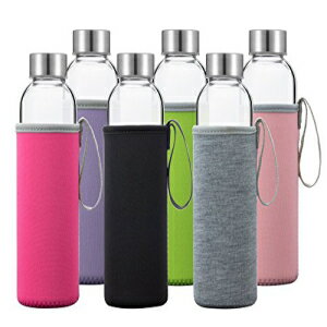 KXEH[^[{g 6 pbN fbNXZbg 18 IX - X[u 6 tBXeX̊W - zAW[XAg Glass Water Bottles 6 Pack Deluxe Set 18oz - Includes 6 Sleeves. Stainless Steel Lids - Kombucha, Jui