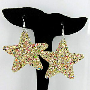 S[hƃC{[Ob^[tFCNU[[WX^[_OCO Gold and Rainbow Glitter Faux Leather Large Star Dangle Earrings