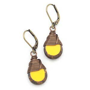 CG[ `FR KX C[bv hbv AeB[N uY o[obN CO 1.4 C` Yellow Czech Glass Wire-wrapped Drop Antique Bronze Lever-back Earrings 1.4 Inches