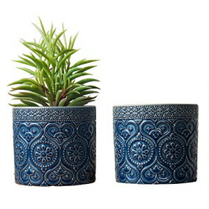 Mygift 4 C` Rog u[ Z~bNԕG{XHAv^[ |bgA2 Zbg MyGift 4-Inch Cobalt Blue Ceramic Floral Embossed Succulent Planter Pots, Set of 2