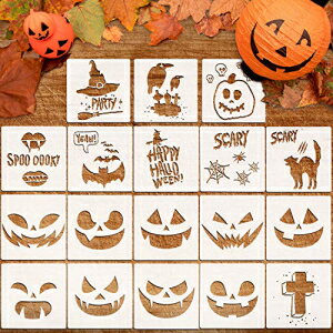 Whaline 18 Pcs Halloween Plastic Painting Stencils, Reusable Pumpkin Expression Templates for DIY Card, Craft Art Drawing Painting Spraying, Window, Glass, Wood, Airbrush and Walls Art
