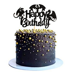 Ercadio 1 Pack Dragon Happy Birthday Cake Topper Black Glitter Dinosaur Cake Pick Decoration for Dragon Theme Birthday Party S..