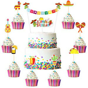 Zonon 34 Pieces Fiesta Cake Toppers Include Mexican Papel Picado Banner Fiesta Happy Birthday Cactus Topper Alpaca Tacos Cacti Pepper Cupcake Topper Guitar Sombrero Dessert Topper for Mexican Fiesta Party