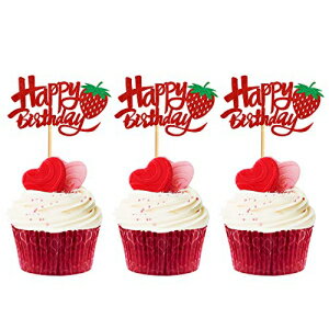 Keaziu 36 Pack Red Starwberry Happy Birthday Cupcake Toppers for Girl Boy Birthday Cupcake Topper Party Decorations Birthday Supplies Decorations