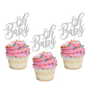 MonMon & Craft 24 Pcs Oh Baby Cupcake Toppers for Baby Shower / Baby 1st Birthday Party / Gender Reveal Party Cake Decorations / Silver Glitter Welcome Baby 6 Months Cupcake Toppers - Silver
