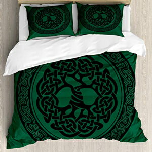 Ambesonne Celtic Duvet Cover Set, Monochrome Tree of Life Illustration with Timeless European Motif, Decorative 3 Piece Bedding Set with 2 Pillow Shams, Queen Size, Forrest Green