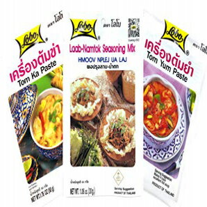 LOBO タイフードサンプラー 3 パック (トムヤムペースト、トムカーペースト、ラーブナムトック調味料ミックス) Globo Foods LOBO Thai Food Sampler 3 Packs (Tom Yum Paste, Tom Ka Paste & Laab Namtok Seasoning Mix)
