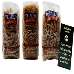 DeLallo オーガニック全粒粉イタリアンパスタ | 3 形状バリエーション (各 1): ペンネ リゲート No. 36、エルボーNo. 52、フジッリ No. 27 (16 オンス) プラスレシピ小冊子バンドル DeLallo Organic Whole Wheat Italian Pasta | 3 Shape V