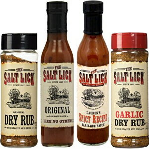 ソルトリックのお気に入りの品揃え、オリジナルドライラブ、オリジナルソース、スパイシーソース、ガーリックドライラブの各1つ Salt Lick Favorites Assortment, one each of Original Dry Rub, Original Sauce, Spicy Sauce and Garlic Dry Rub