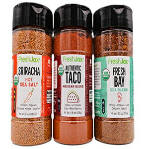 シーフード、シラチャーソルト、タコスシーズニング、フレッシュベイ FreshJax 手作り調味料用オーガニック グリル スパイス ギフトセット (3 パック) Organic Grilling Spice Gift Sets for Seafood, Sriracha Salt, Taco Seasoning and Fresh Bay