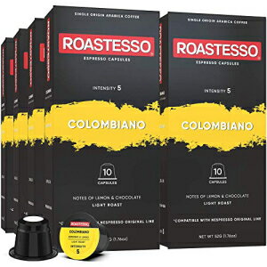 Roastesso エスプレッソカプセル、コロンビアシングルオリジンコーヒーポッド80個、ネスプレッソオリジナルラインマシンと互換性あり、米国で焙煎強度5、シングルサーブカップマスターコロンビアミディアムローストルンゴ Roastesso Espresso Capsules, 80 Colombia