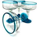 メキシコの手吹きガラス–アクアブルーリム付きの4つの手吹きマルガリータグラス（16オンス）のセット Dos Sueños Mexican Hand Blown Glass – Set of 4 Hand Blown Margarita Glasses (16 oz) with Aqua Blue Rims