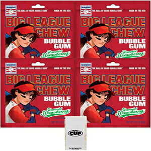 ガム Big League Chew 女性ソフトボール、スラミンストロベリーバブルガム、2.12 オンスポーチ (4 個パック) バイザカップシュガーフリーミント付き Big League Chew Female Softball, Slammin' Strawberry Bubble Gum, 2.12-Ounce Pouches (Pack of 4