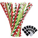 Shappy Paper Straws Decorative Drinking Straws for Christmas New Year Party Decoration, 125 Pieces, Multi Patterns, with 6 Black Stickers (Red and Green)