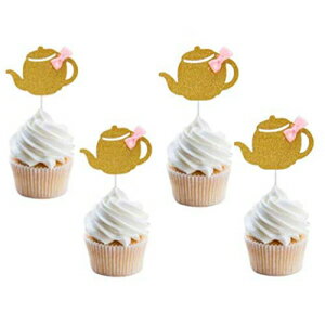 LoveUparty 24 Pack of Glitter Gold Teapot Tea Party Cupcake Toppers with Pink Bow Tea Party Cake Toppers Picks for Tea Party Baby Shower Bridal Shower Wedding Birthday Decorations