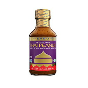 San-J グルテンフリー タイピーナッツソース | コーシャー、非遺伝子組み換え、人工保存料不使用、FODMAP フレンドリー | お気に入りの料理に最適なマイルドスパイシーなディップソース | 10液量オンス San-J Gluten Free Thai Peanut Sauce | Kosher,