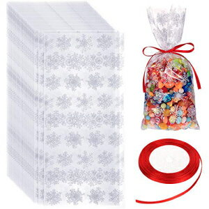 Boao 100 Pieces Winter Snowflake Bags Cellophane Holiday Treat Bags Snowflake Cookie Cellophane Bags With Ribbon for Winter Holiday Party Supplies (White Bag with Red Ribbon)