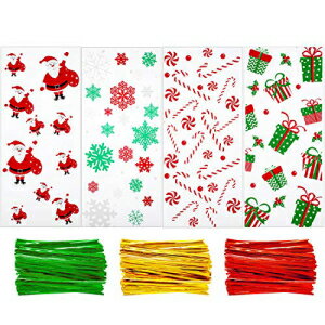 100̃NX}XZnobO LfB[MtgobO ObYobO 150̃cCXg^Ct NX}Xp[eB[p 4 100 Pieces Christmas Cellophane Bags Candy Gift Bags Goodies Treat Bags with 150 Pieces Twist Ties for Chri