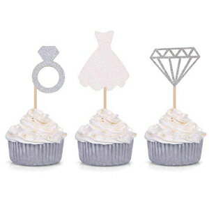 婚約ブライダルシャワーデコレーション用の24個のグリッターダイヤモンドリングウェディングドレスカップケーキトッパーのセット（シルバー） Giuffi Set of 24 Glitter Diamond Ring Wedding Dress Cupcake Toppers for Engagement Bridal Shower Decoratio
